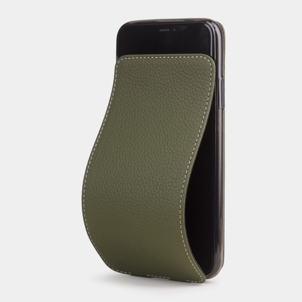Green calfskin leather flip case iPhone 11 Pro, Marcel Robert handmade magnetic folding cover