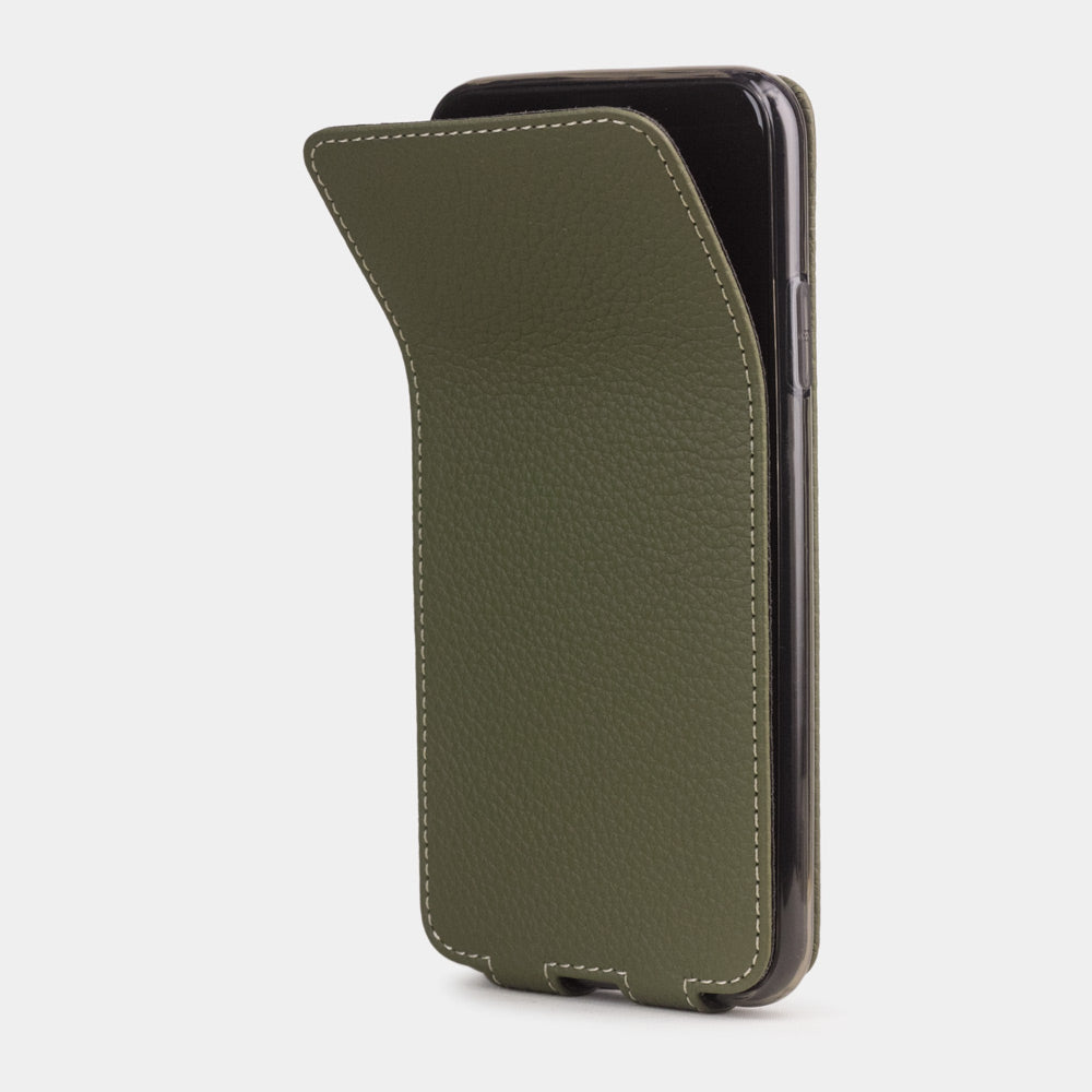 Green calfskin leather flip case iPhone 11 Pro, Marcel Robert handmade magnetic folding cover