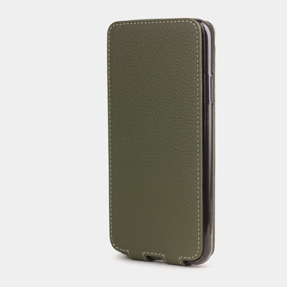 Green calfskin leather flip case iPhone 11 Pro, Marcel Robert handmade magnetic folding cover