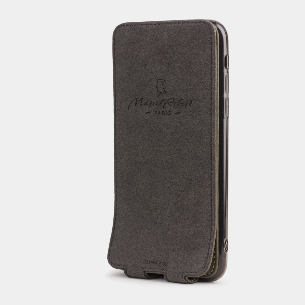 Green calfskin leather flip case iPhone 11 Pro, Marcel Robert handmade magnetic folding cover