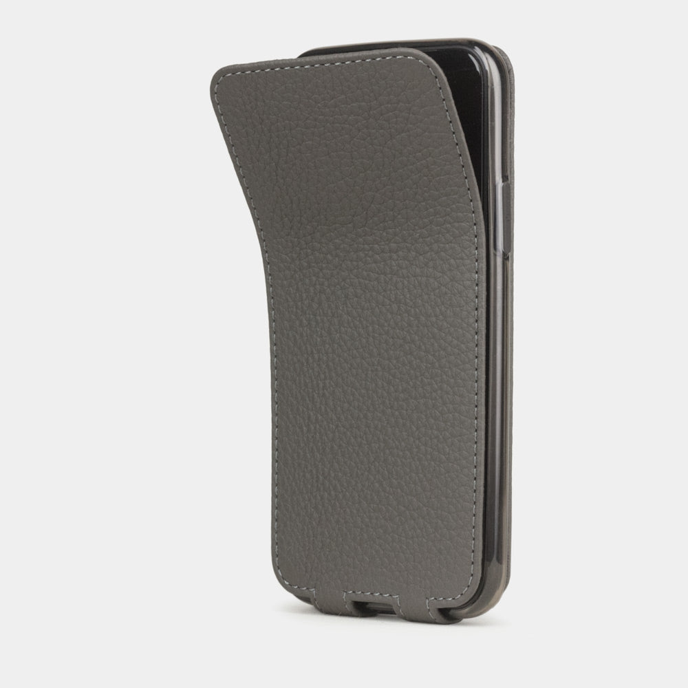 Grey Stone calfskin leather flip case iPhone 11 Pro, Marcel Robert handmade magnetic folding cover