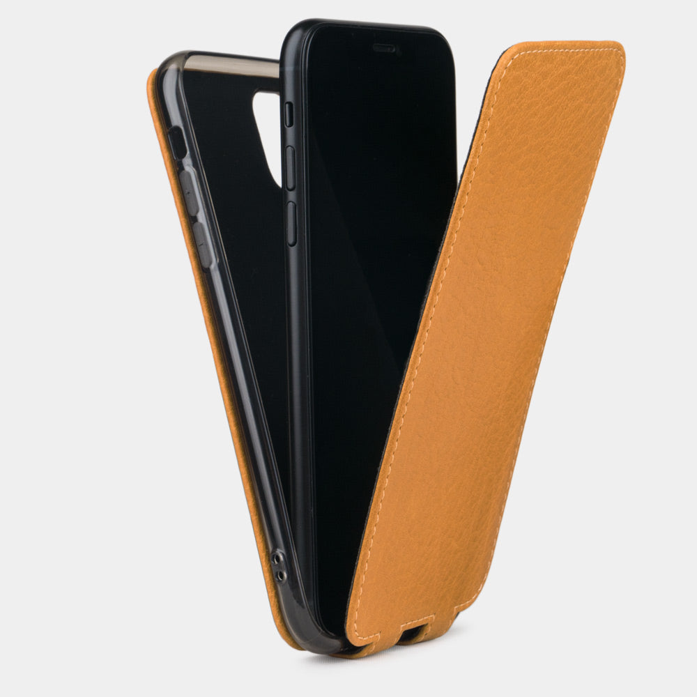 Ochre calfskin leather flip case iPhone 11 Pro Max, Marcel Robert handmade magnetic folding cover