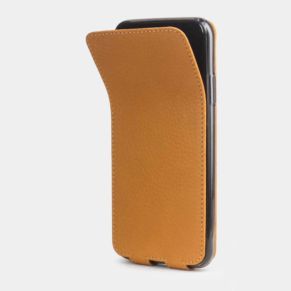 Ochre calfskin leather flip case iPhone 11 Pro Max, Marcel Robert handmade magnetic folding cover