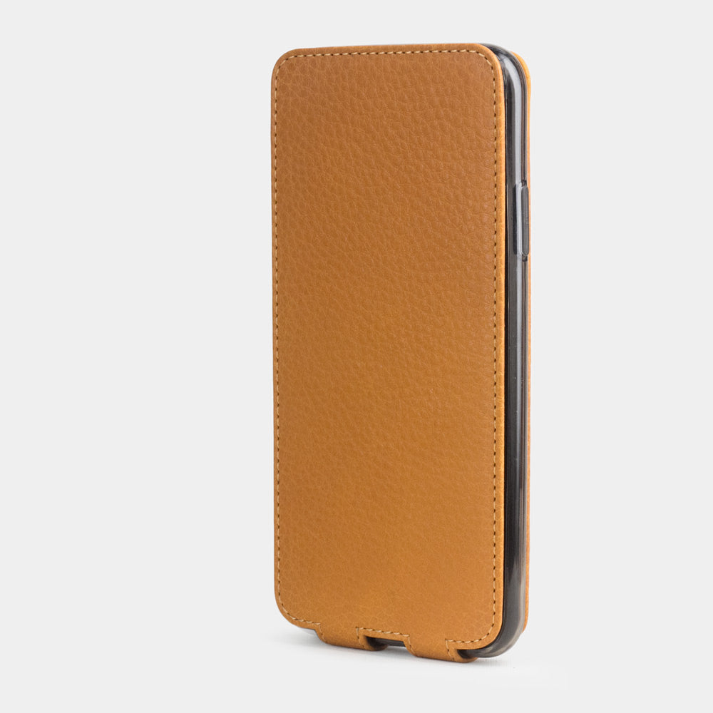 Ochre calfskin leather flip case iPhone 11 Pro Max, Marcel Robert handmade magnetic folding cover