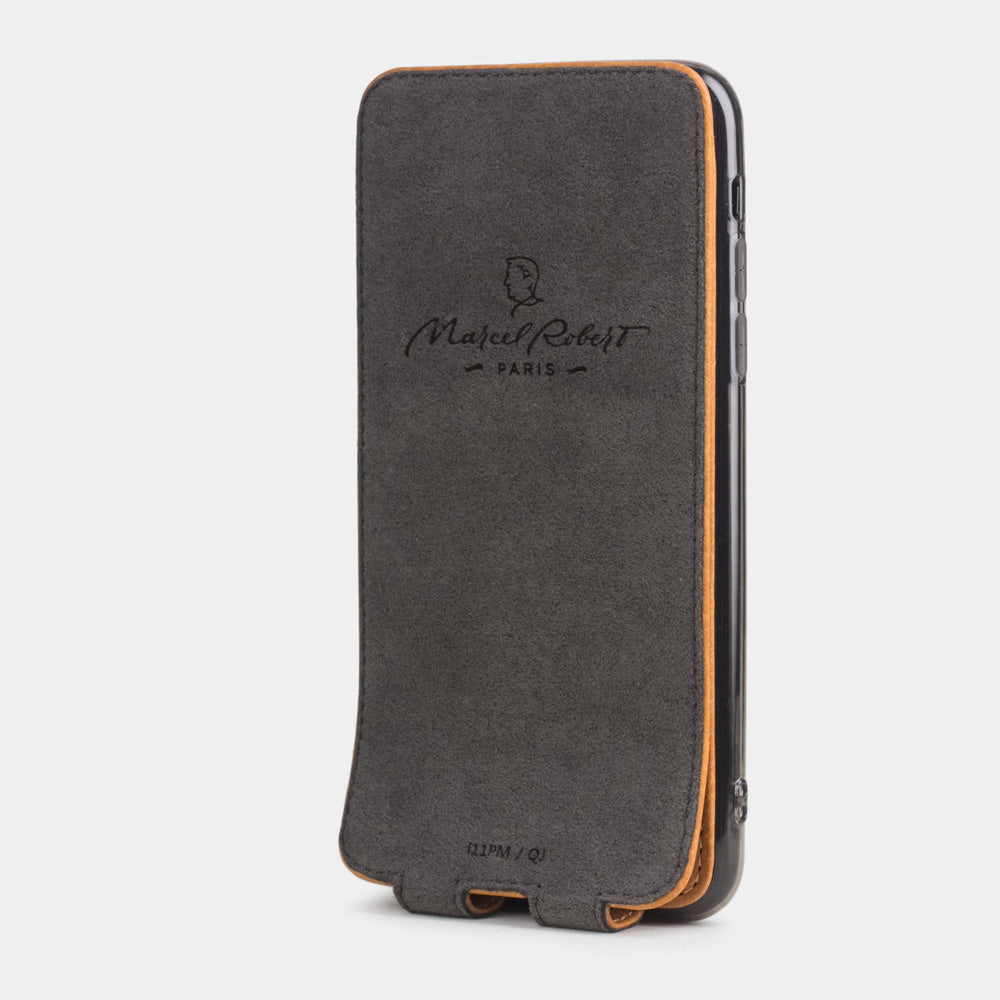 Ochre calfskin leather flip case iPhone 11 Pro Max, Marcel Robert handmade magnetic folding cover