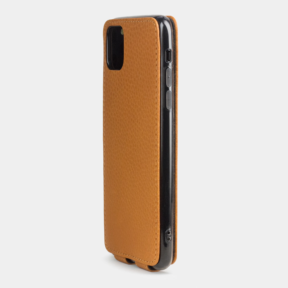 Ochre calfskin leather flip case iPhone 11 Pro Max, Marcel Robert handmade magnetic folding cover