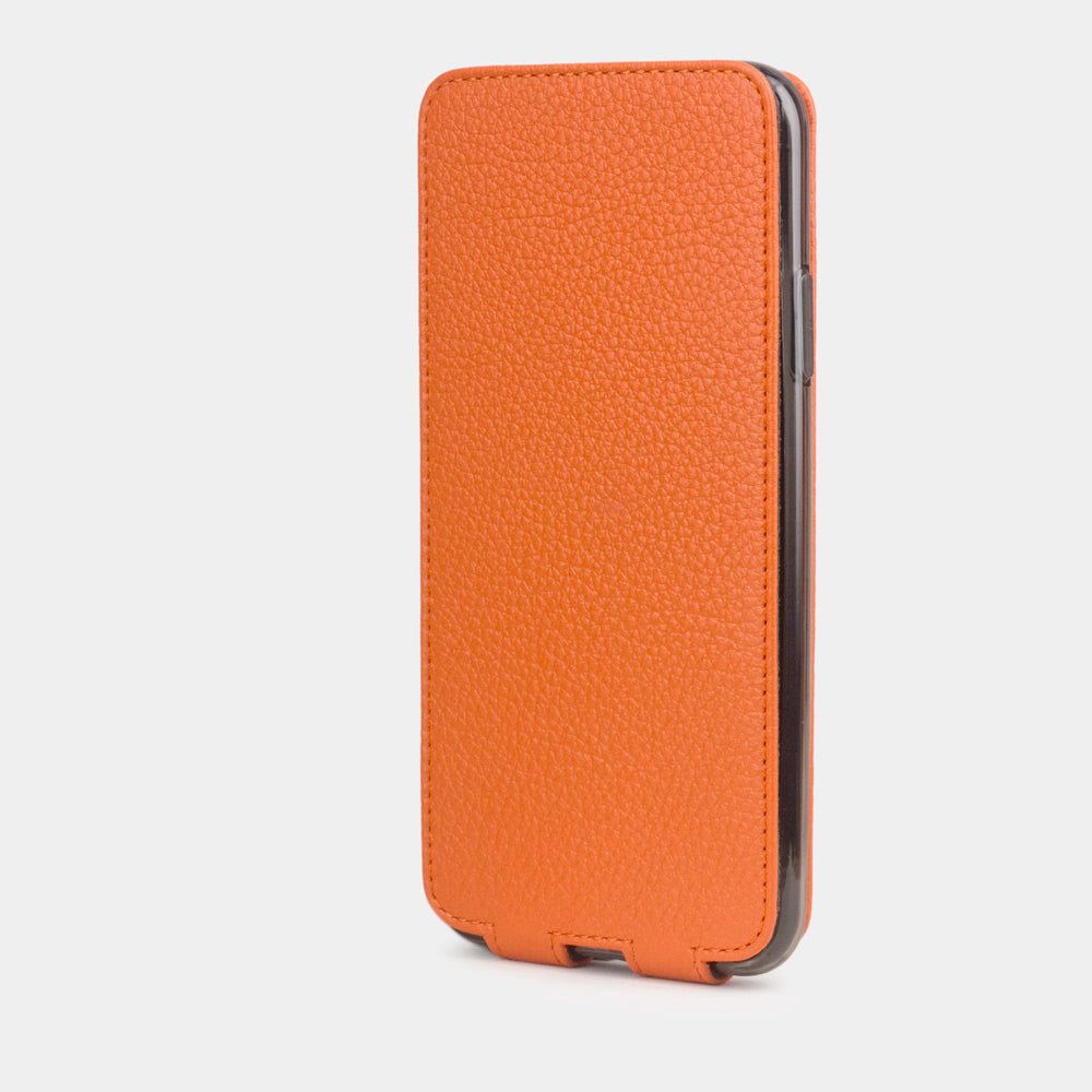 Orange calfskin leather flip case iPhone 11 Pro, Marcel Robert handmade magnetic folding cover