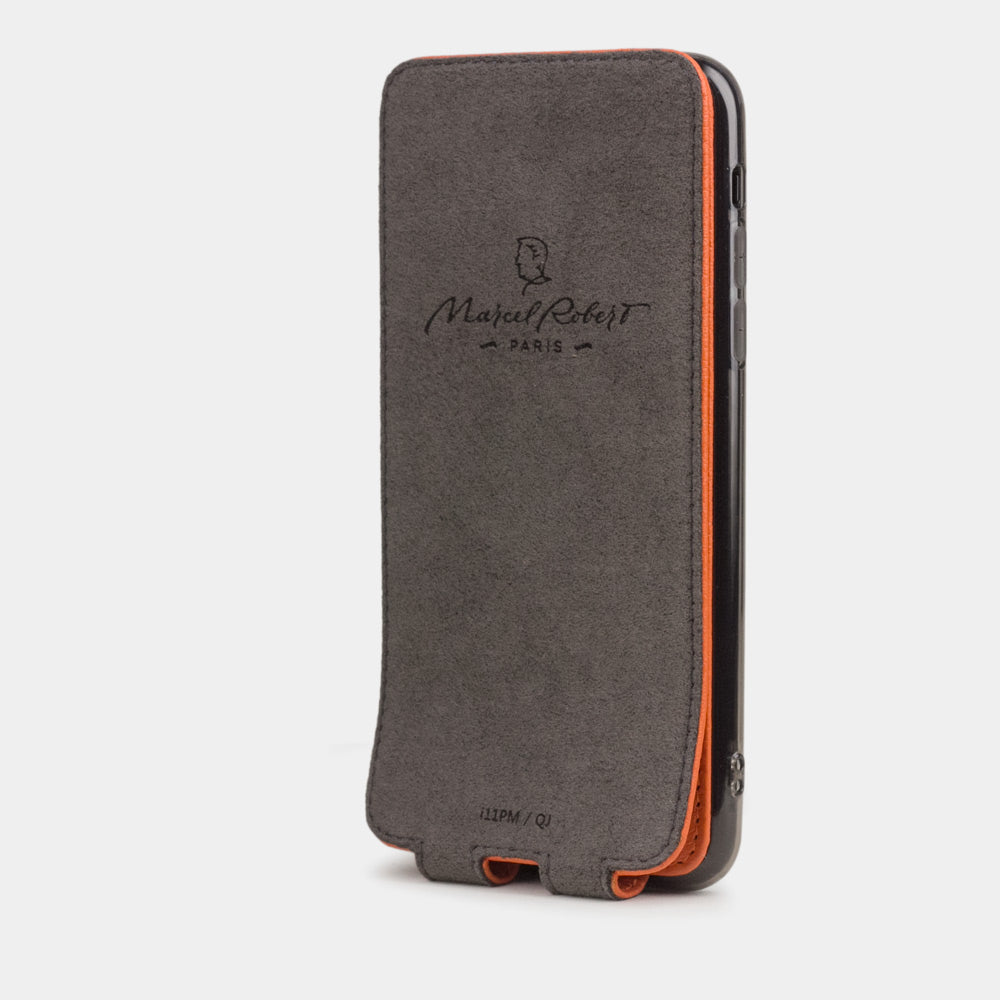 Orange calfskin leather flip case iPhone 11 Pro, Marcel Robert handmade magnetic folding cover
