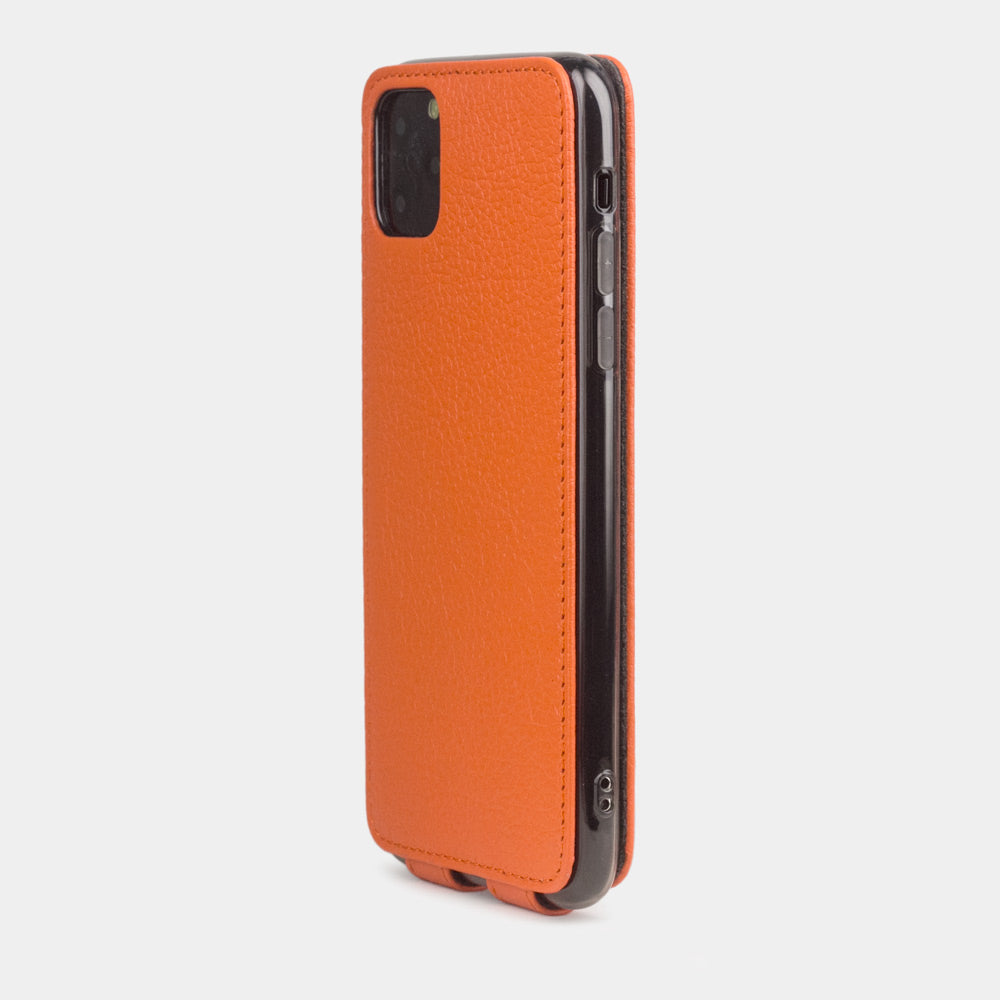 Orange calfskin leather flip case iPhone 11 Pro Max, Marcel Robert handmade magnetic folding cover