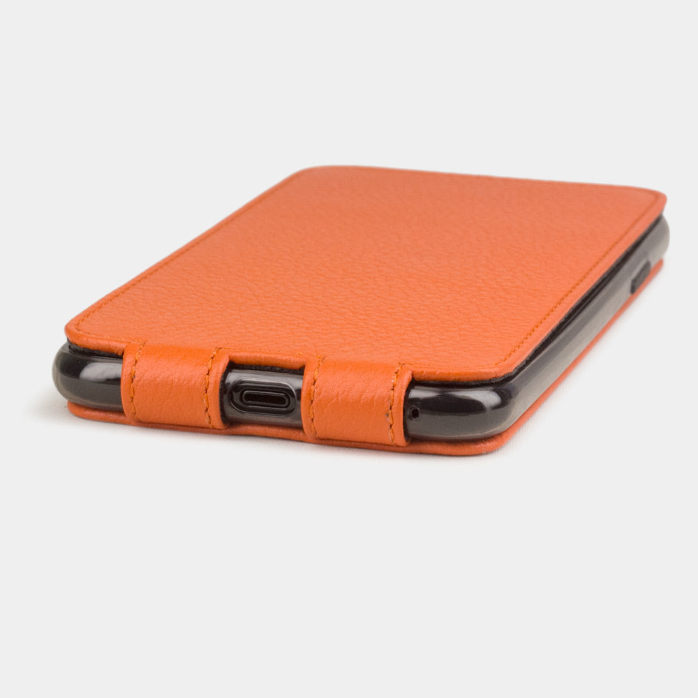 Orange calfskin leather flip case iPhone 11 Pro, Marcel Robert handmade magnetic folding cover