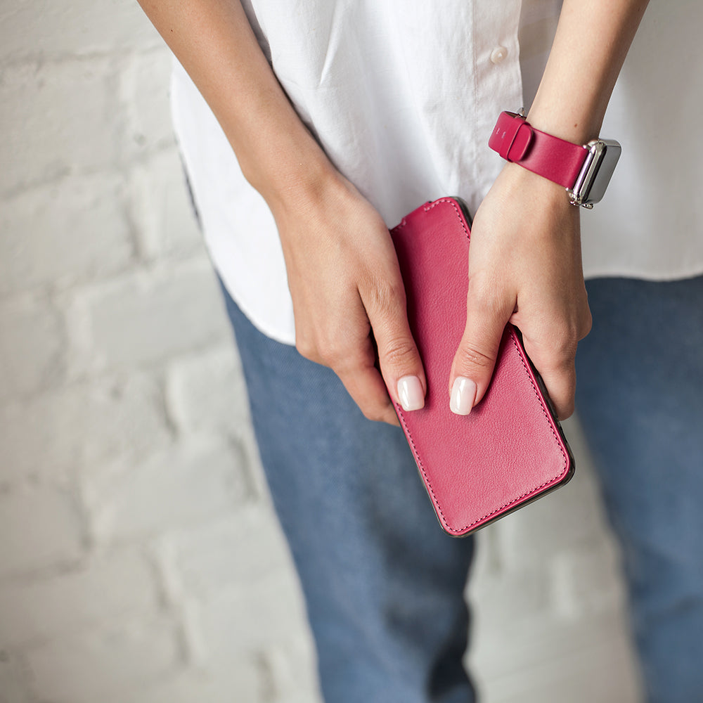 Fuchsia calfskin leather flip case iPhone 11 Pro, Marcel Robert handmade magnetic folding cover