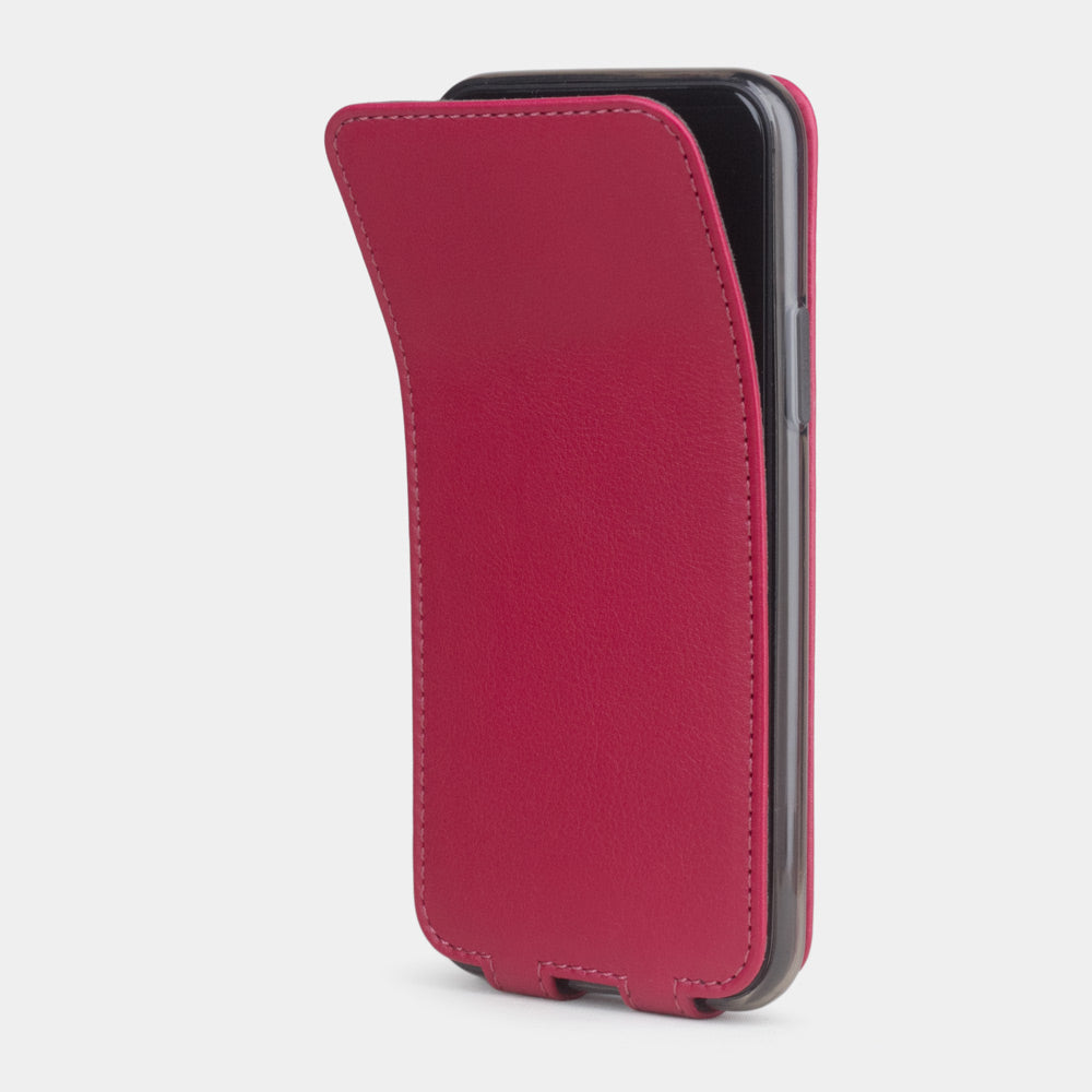 Fuchsia calfskin leather flip case iPhone 11 Pro, Marcel Robert handmade magnetic folding cover