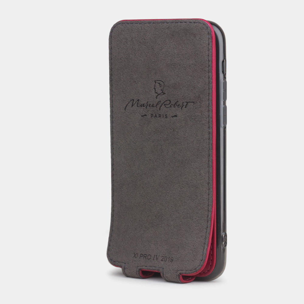 Fuchsia calfskin leather flip case iPhone 11 Pro, Marcel Robert handmade magnetic folding cover