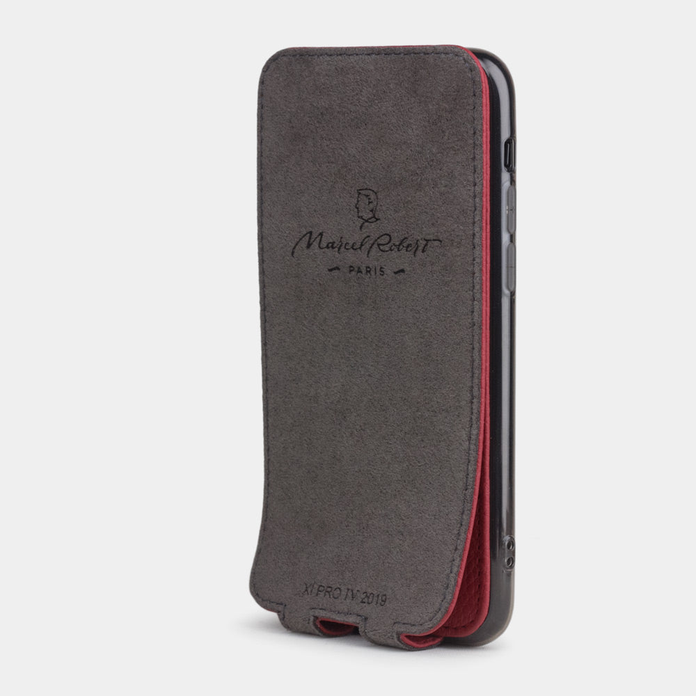 Cherry calfskin leather flip case iPhone 11 Pro, Marcel Robert handmade magnetic folding cover