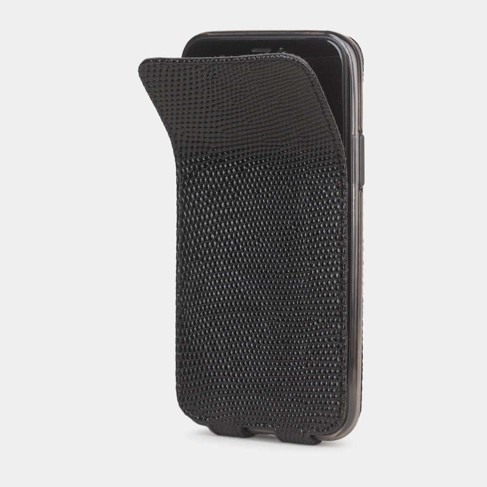 Black lizard leather flip case iPhone 11 Pro, Marcel Robert handmade magnetic folding cover