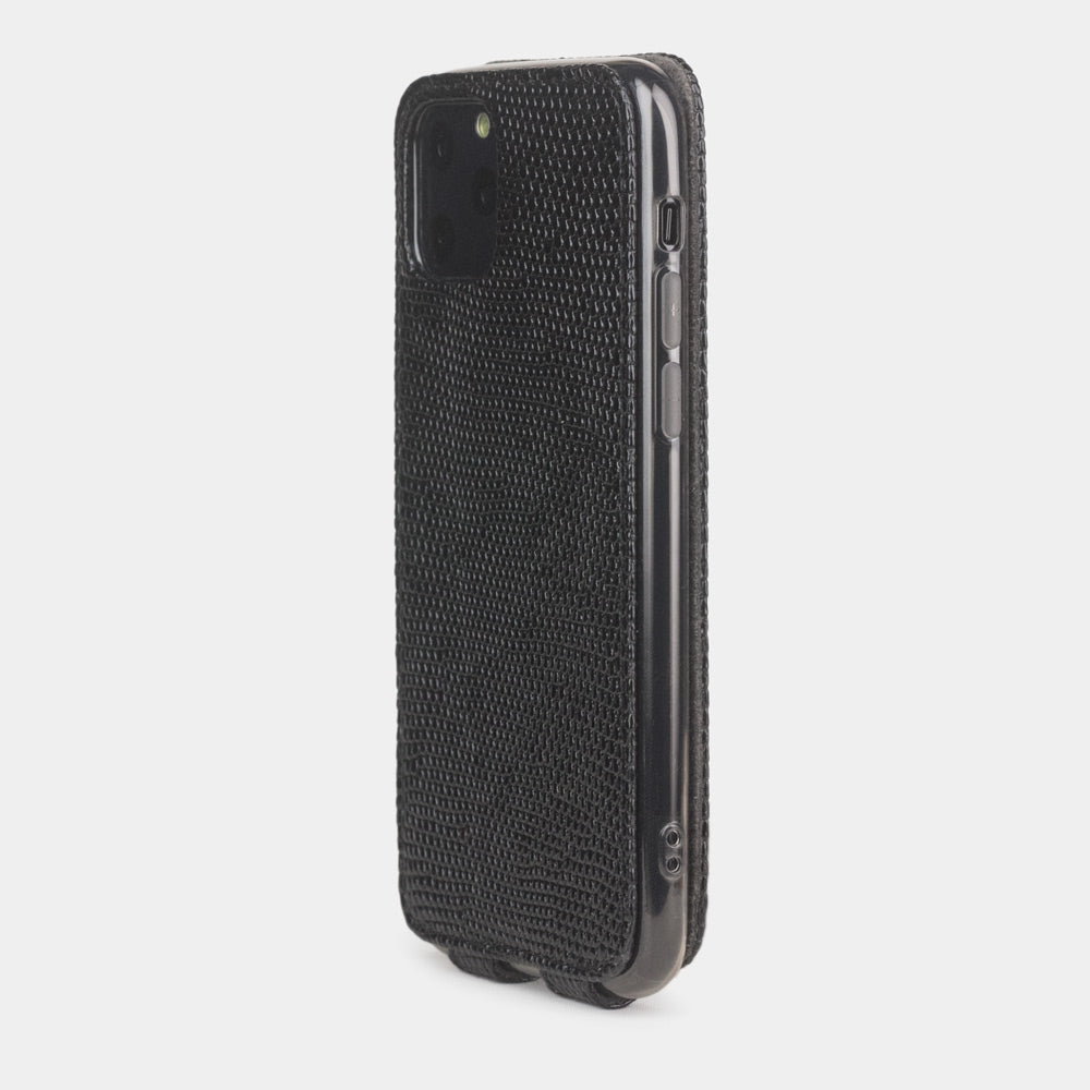 Black lizard leather flip case iPhone 11 Pro, Marcel Robert handmade magnetic folding cover
