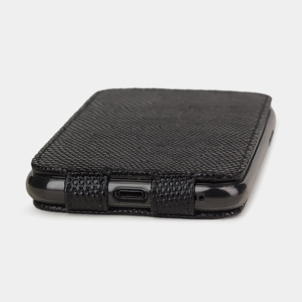 Black lizard leather flip case iPhone 11 Pro, Marcel Robert handmade magnetic folding cover