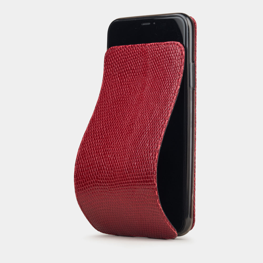 Red lizard leather flip case iPhone 11 Pro, Marcel Robert handmade magnetic folding cover