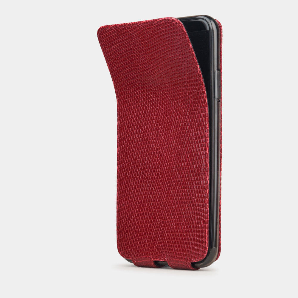 Red lizard leather flip case iPhone 11 Pro, Marcel Robert handmade magnetic folding cover