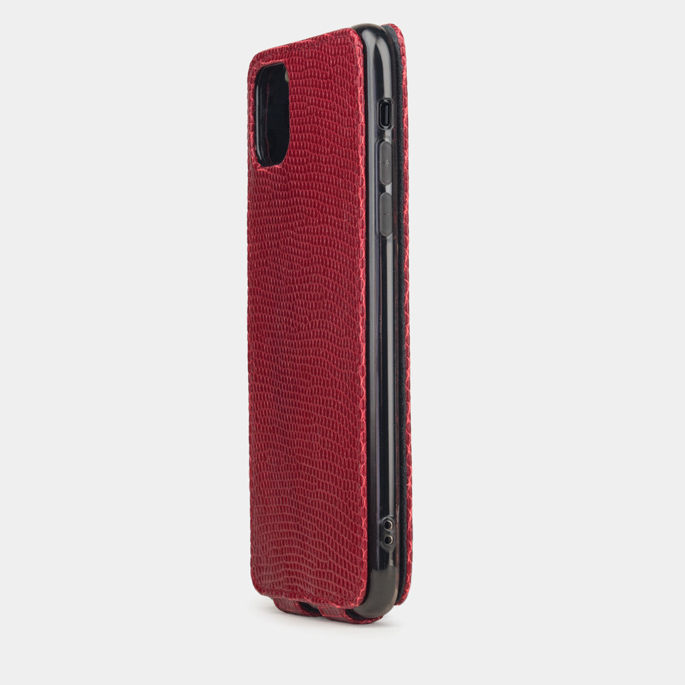 Red lizard leather flip case iPhone 11 Pro, Marcel Robert handmade magnetic folding cover