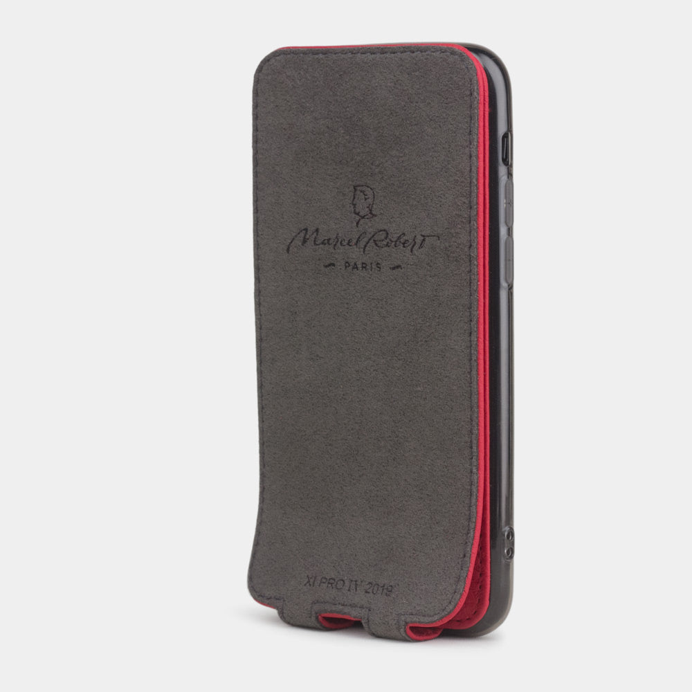 Red calfskin leather flip case iPhone 11 Pro, Marcel Robert handmade magnetic folding cover