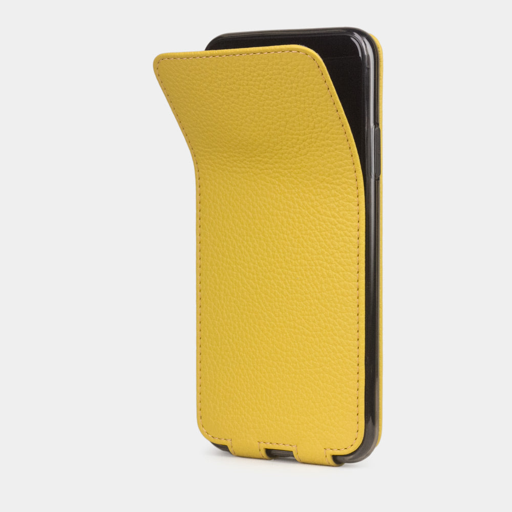 Yellow calfskin leather flip case iPhone 11 Pro, Marcel Robert handmade magnetic folding cover