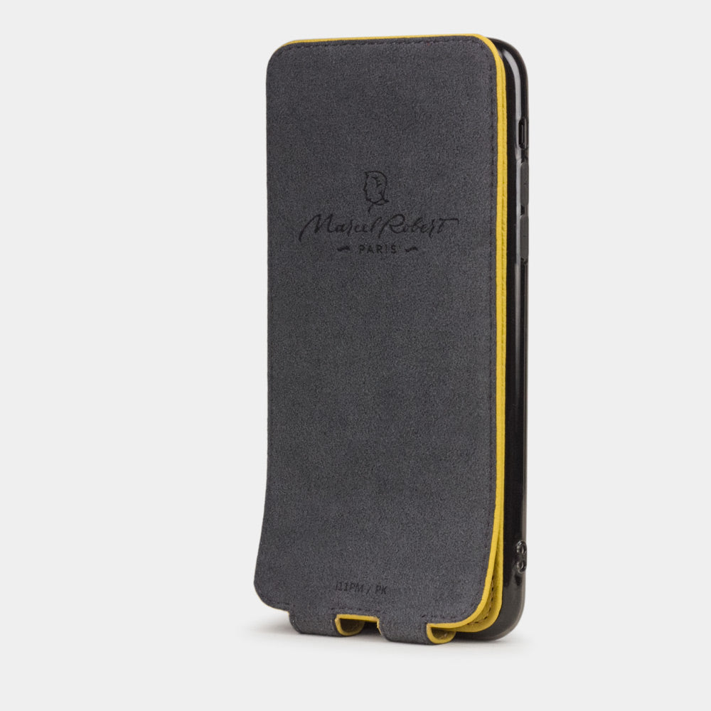 Yellow calfskin leather flip case iPhone 11 Pro, Marcel Robert handmade magnetic folding cover