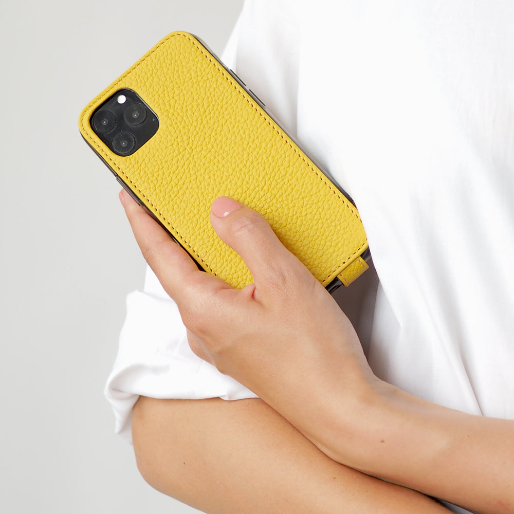 Yellow calfskin leather flip case iPhone 11 Pro Max, Marcel Robert handmade magnetic folding cover