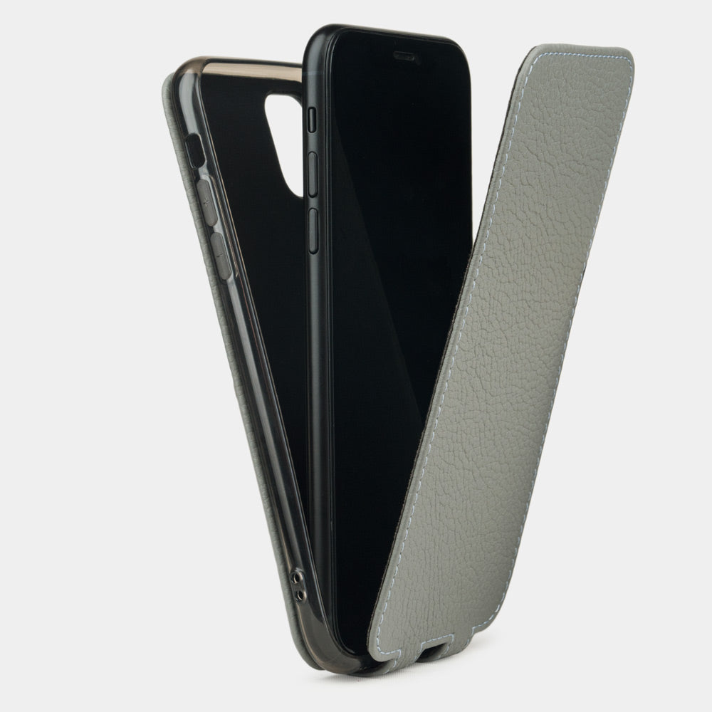 Steel Grey calfskin leather flip case iPhone 11 Pro, Marcel Robert handmade magnetic folding cover