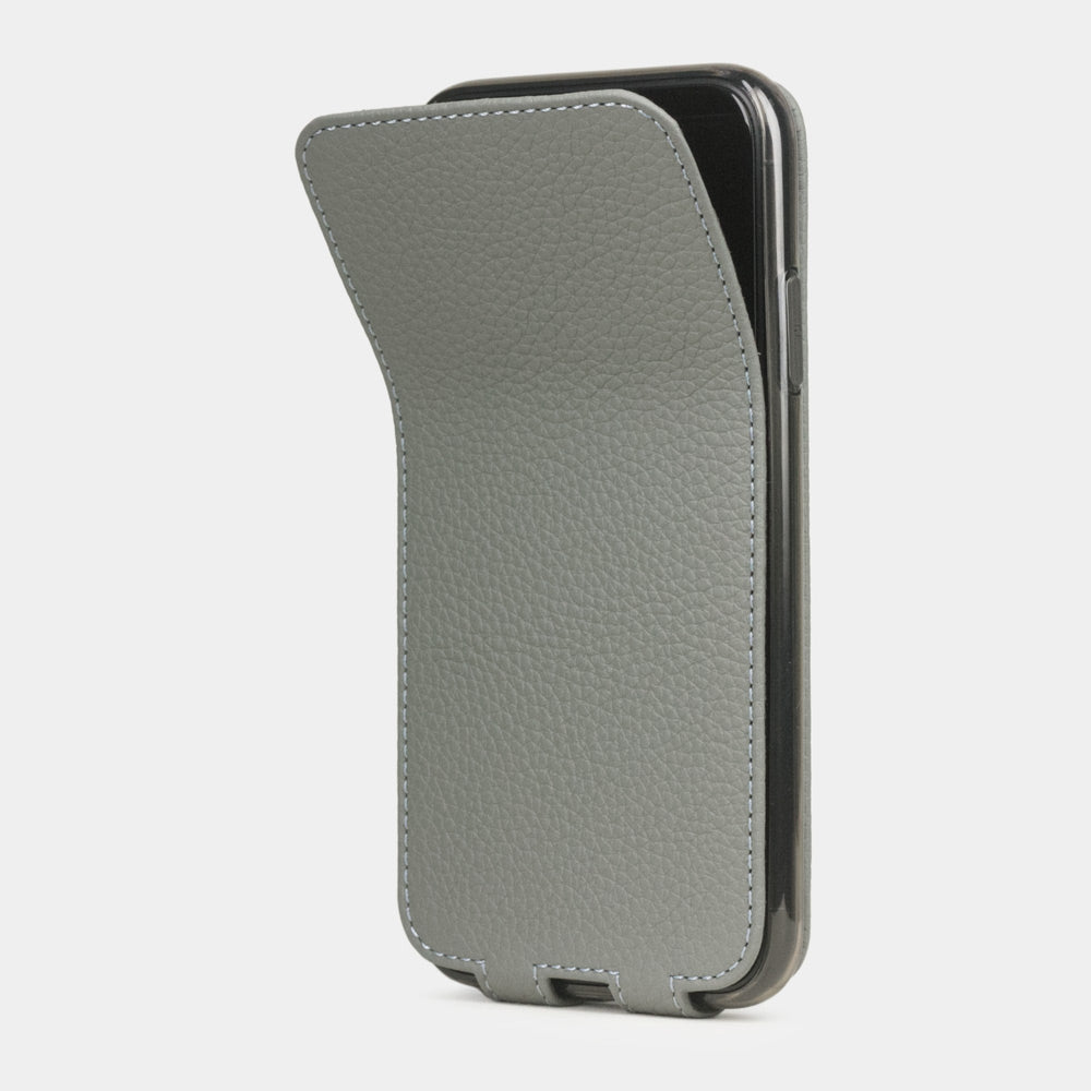Steel Grey calfskin leather flip case iPhone 11 Pro, Marcel Robert handmade magnetic folding cover