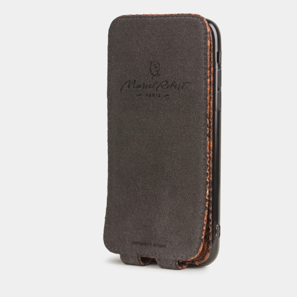 Gold python leather flip case iPhone 11, Marcel Robert handmade magnetic folding cover