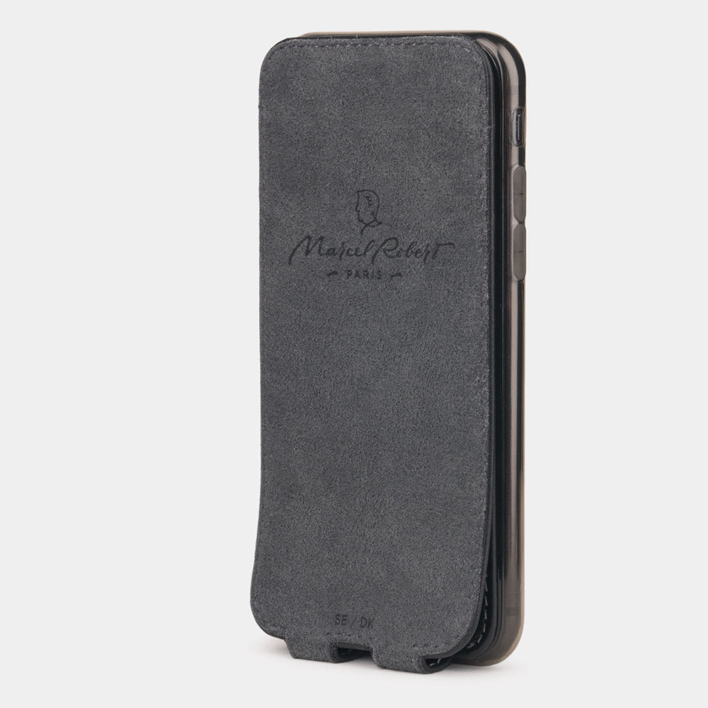 Black leather flip case for iPhone SE - interior view showing grey Alcantara lining with magnetic closure, designed to clean and protect the screen
