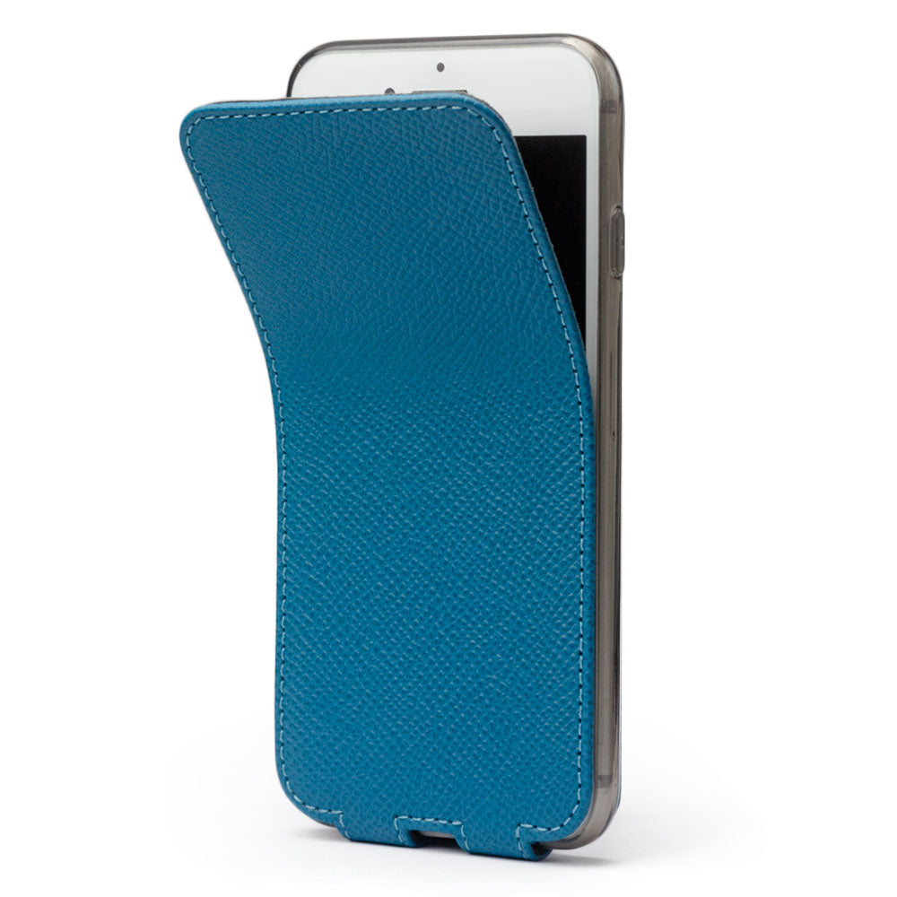 Aquamarine leather flip case for iPhone SE - flexible front cover folding back to protect the smartphone screen