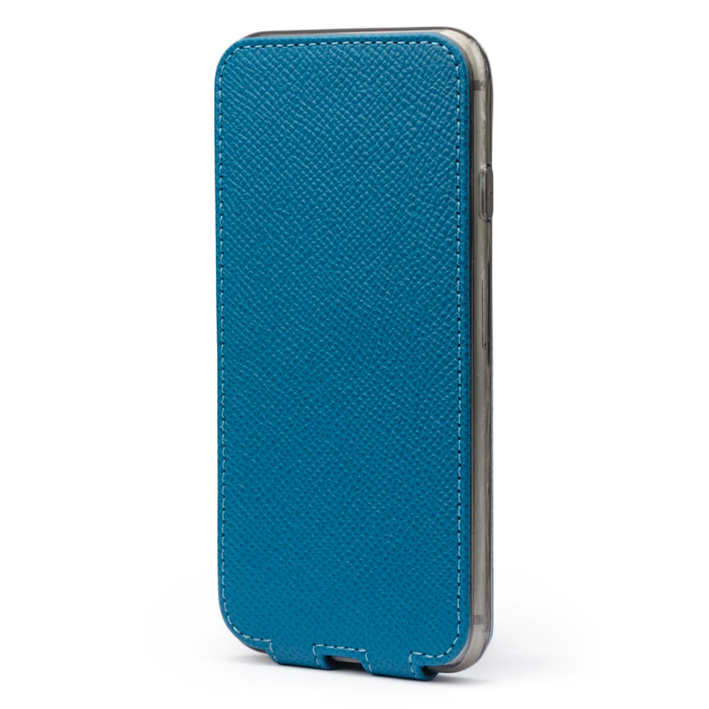 Aquamarine leather flip case for iPhone SE - upright closed view highlighting the magnetic front cover fully protecting the screen, elegant silhouette