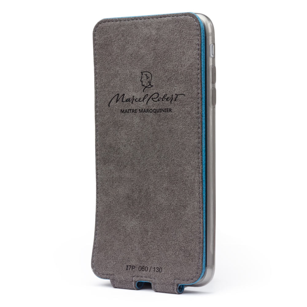 Aquamarine leather flip case for iPhone SE - interior view showing grey Alcantara lining with magnetic closure, designed to clean and protect the screen