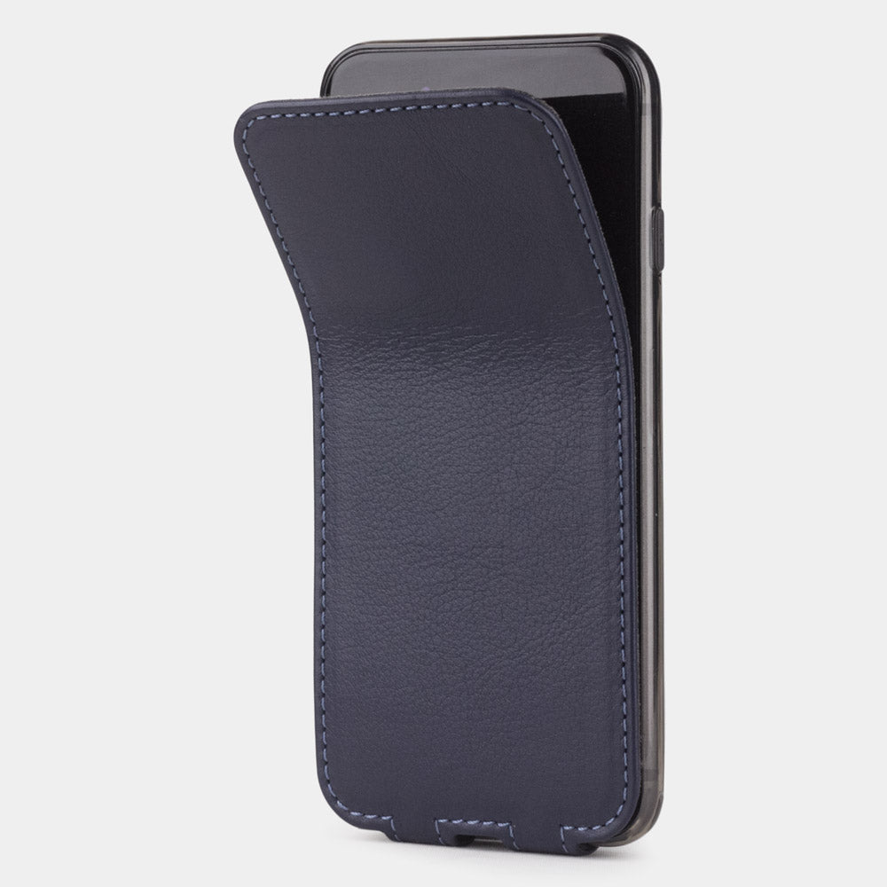 Indigo Blue leather flip case for iPhone SE - flexible front cover folding back to protect the smartphone screen