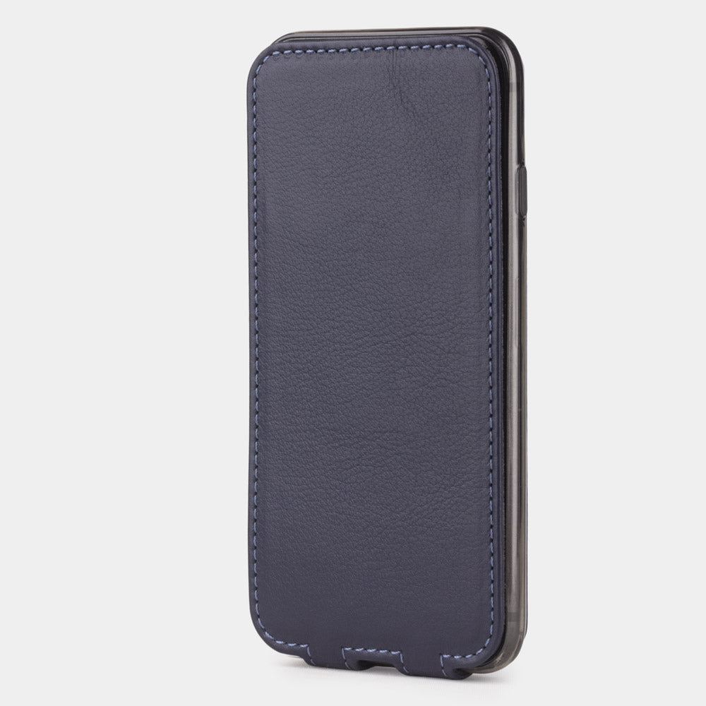 Indigo Blue leather flip case for iPhone SE - upright closed view highlighting the magnetic front cover fully protecting the screen, elegant silhouette