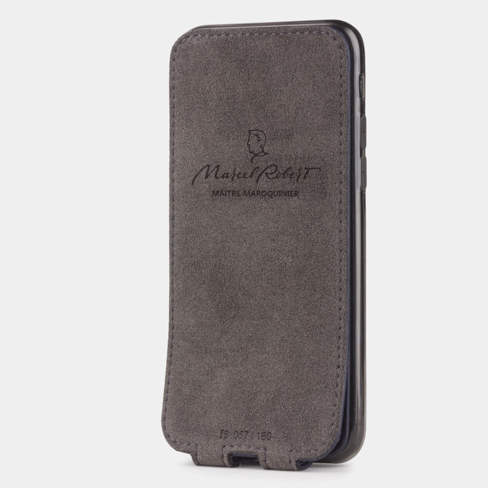 Indigo Blue leather flip case for iPhone SE - interior view showing grey Alcantara lining with magnetic closure, designed to clean and protect the screen