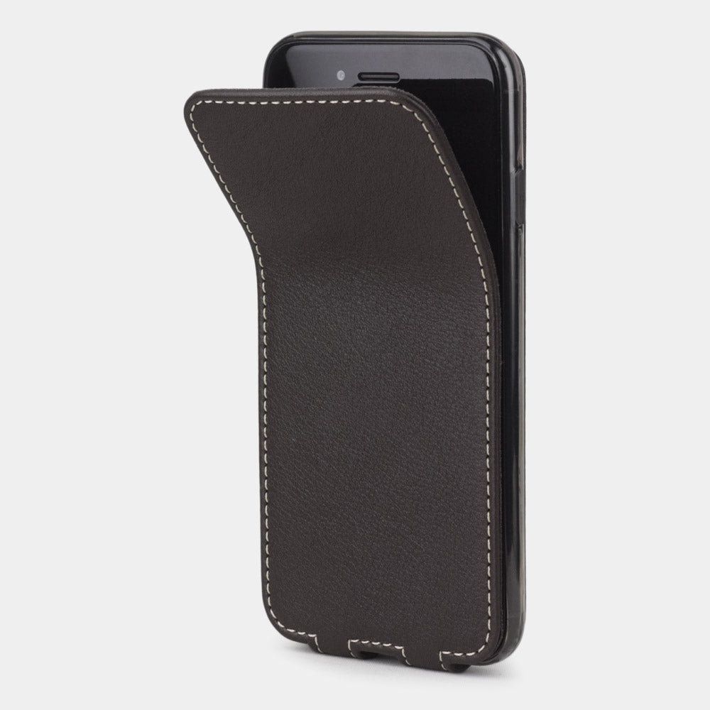 Brown leather flip case for iPhone SE - flexible front cover folding back to protect the smartphone screen