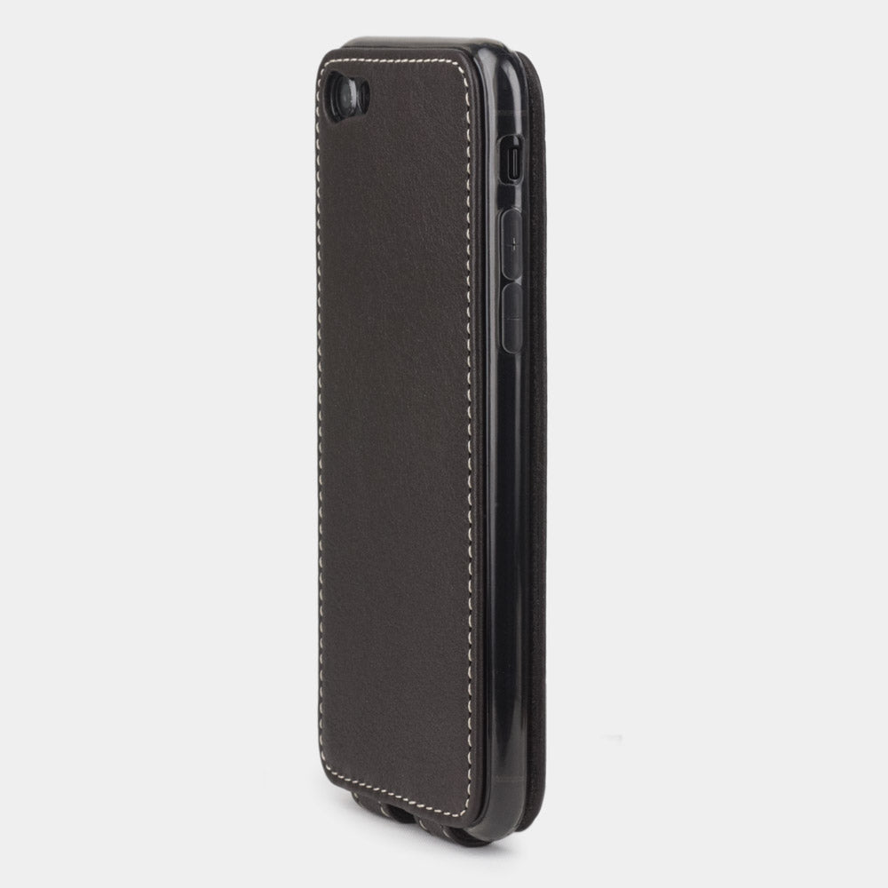 Brown leather flip case for iPhone SE - view from camera side and how the lenses are efficiently protected