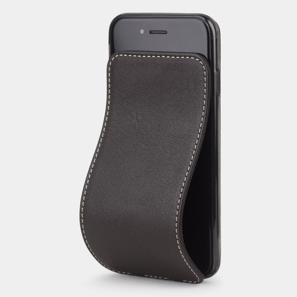 Brown leather flip case for iPhone SE - luxury handmade phone case in genuine leather with magnetic front cover partially open