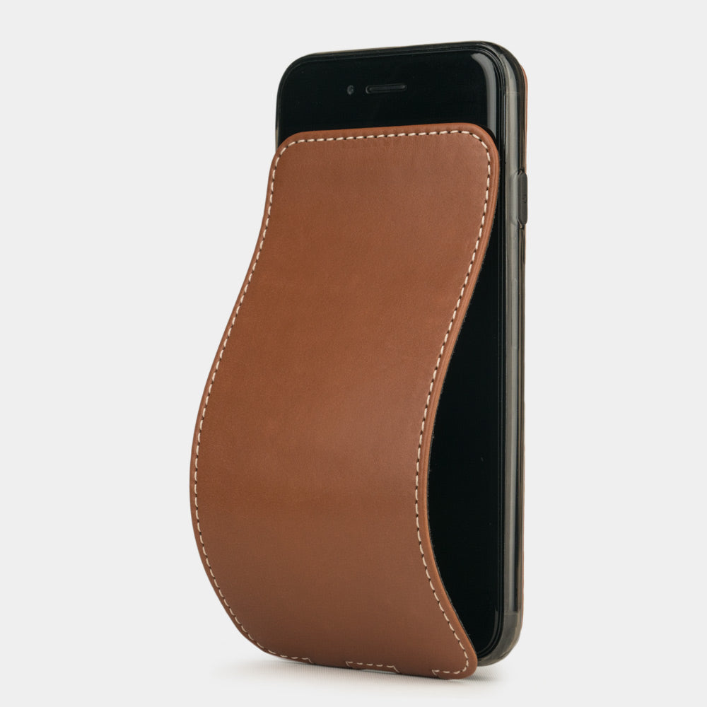 Gold leather flip case for iPhone SE - luxury handmade phone case in genuine leather with magnetic front cover partially open
