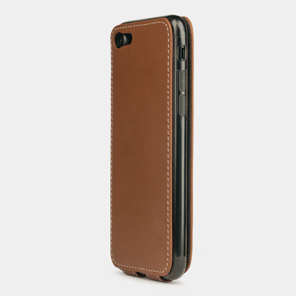 Gold leather flip case for iPhone SE - view from camera side and how the lenses are efficiently protected