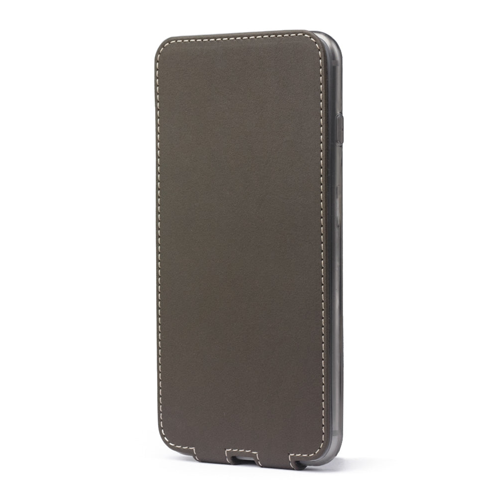 Khaki leather flip case for iPhone SE - upright closed view highlighting the magnetic front cover fully protecting the screen, elegant silhouette