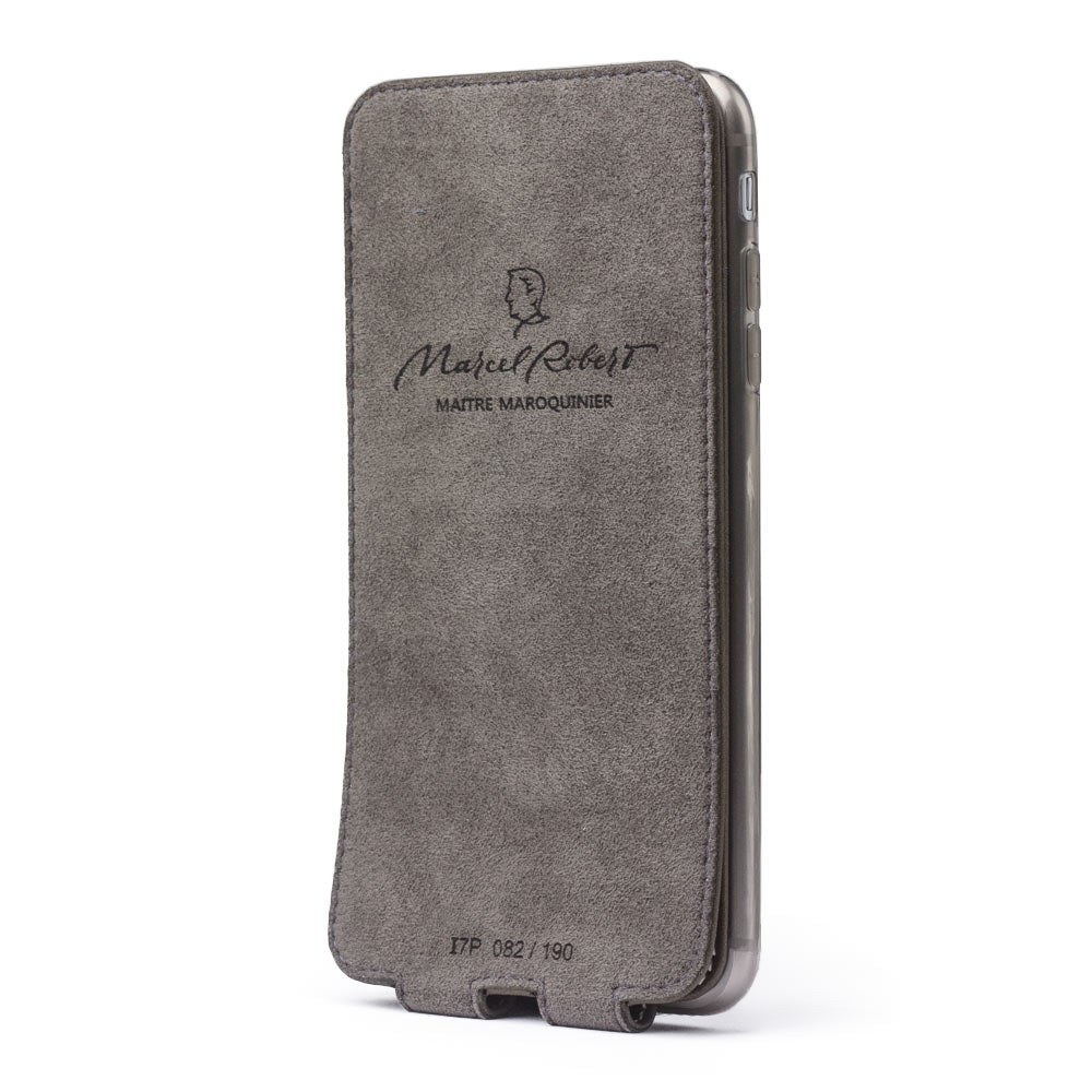 Khaki leather flip case for iPhone SE - interior view showing grey Alcantara lining with magnetic closure, designed to clean and protect the screen