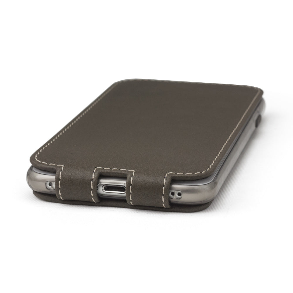 Khaki leather flip case for iPhone SE - flat side view displaying ultra-thin handcrafted design, Lightning port opening and precise edge finishing