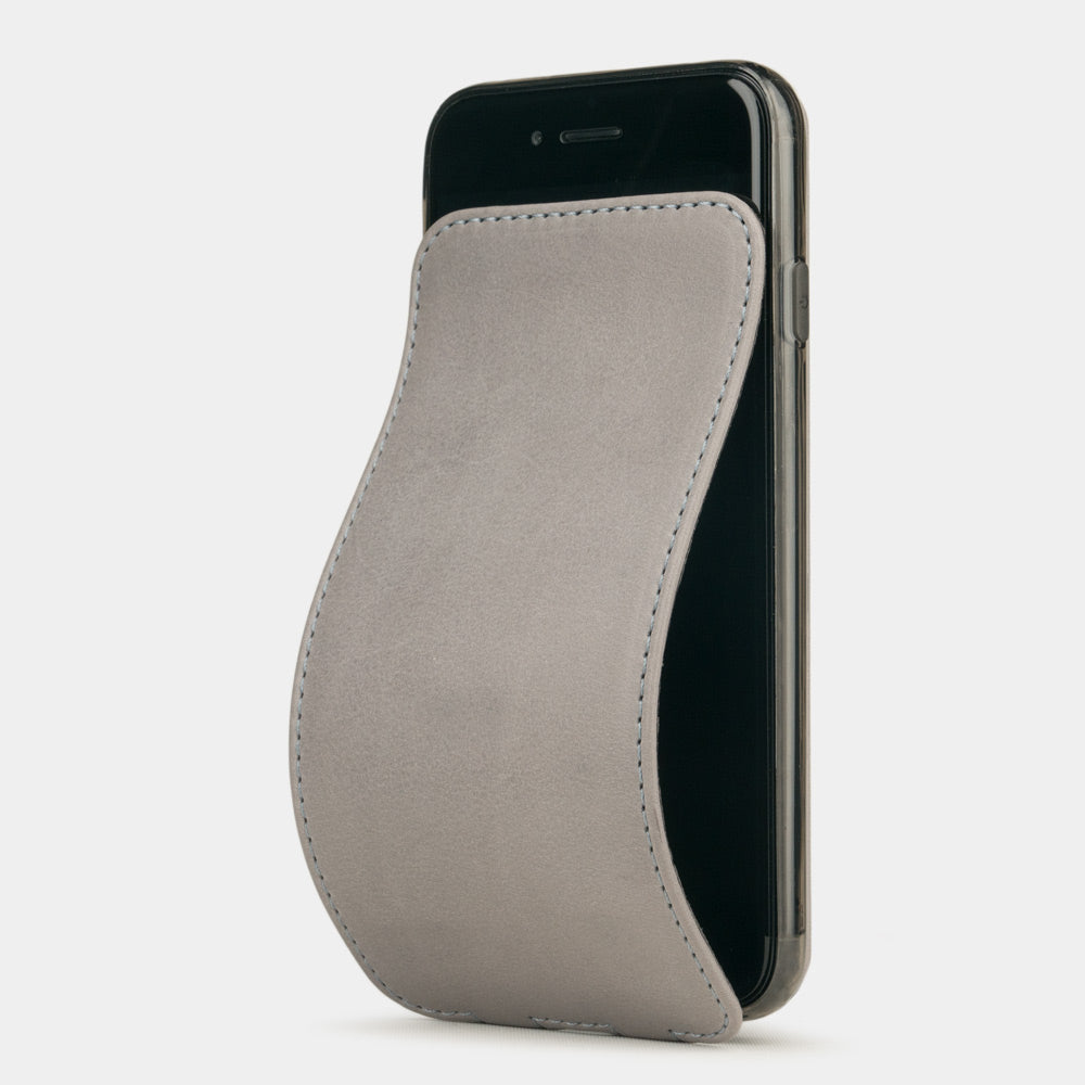 Grey Stone leather flip case for iPhone SE - luxury handmade phone case in genuine leather with magnetic front cover partially open