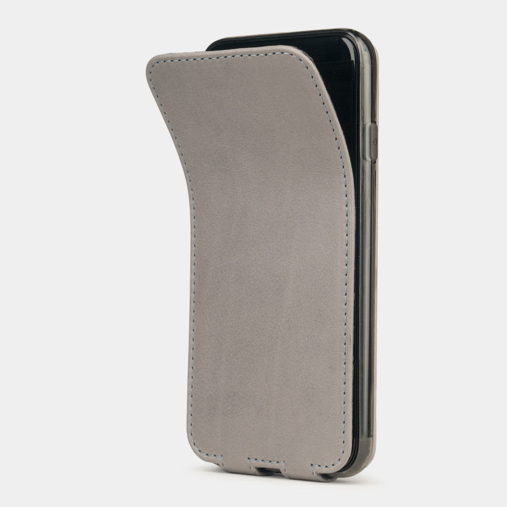 Grey Stone leather flip case for iPhone SE - flexible front cover folding back to protect the smartphone screen