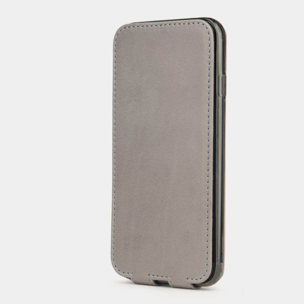 Grey Stone leather flip case for iPhone SE - upright closed view highlighting the magnetic front cover fully protecting the screen, elegant silhouette