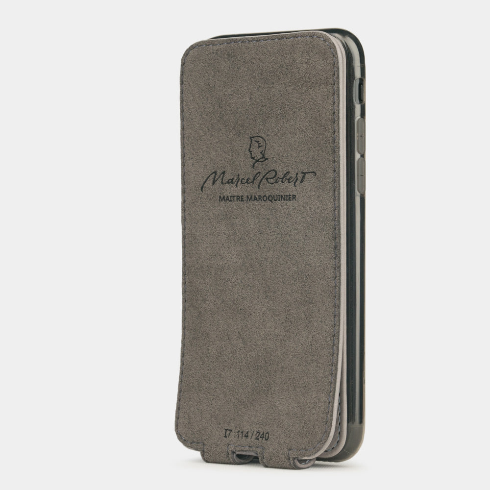 Grey Stone leather flip case for iPhone SE - interior view showing grey Alcantara lining with magnetic closure, designed to clean and protect the screen